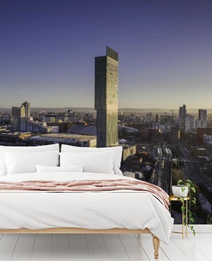 Manchester City Aerial Sunrise behang Manchester City Aerial Sunrise behang