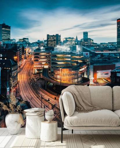 Manchester Skyline nachtmuurschildering Manchester Skyline nachtmuurschildering