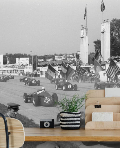 Foto em preto e branco do papel de parede da corrida de carros italianos Foto em preto e branco do papel de parede da corrida de carros italianos