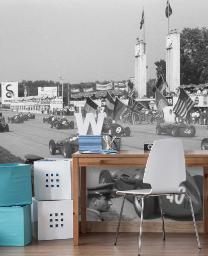 Zwart-witfoto van Italiaans autoracebehang