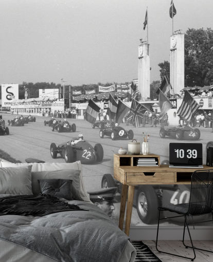 Foto in bianco e nero della carta da parati della corsa automobilistica italiana