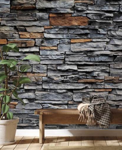 Blauw en bruin stenen behang