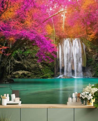 Papel Pintado Cascada y Flores Naranjas y Morados Papel Pintado Cascada y Flores Naranjas y Morados