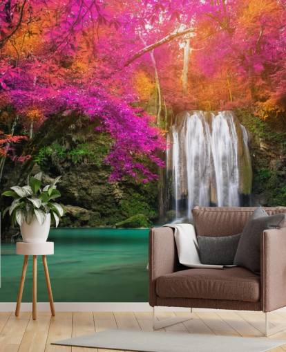 Papel Pintado Cascada y Flores Naranjas y Morados