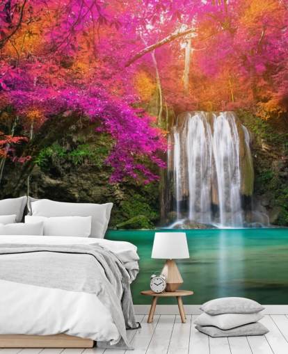 Orange and Purple Blossom and Waterfall Wallpaper