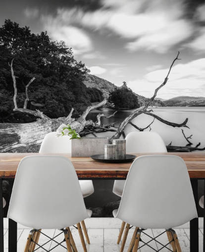 Decorazione murale con vista lago in bianco e nero Decorazione murale con vista lago in bianco e nero