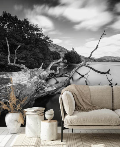 Decorazione murale con vista lago in bianco e nero