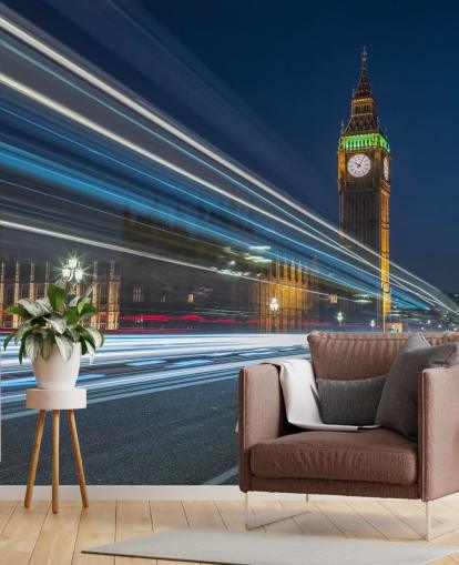 Westminster Abby, Big Ben met Stripverlichting Muurschildering Westminster Abby, Big Ben met Stripverlichting Muurschildering