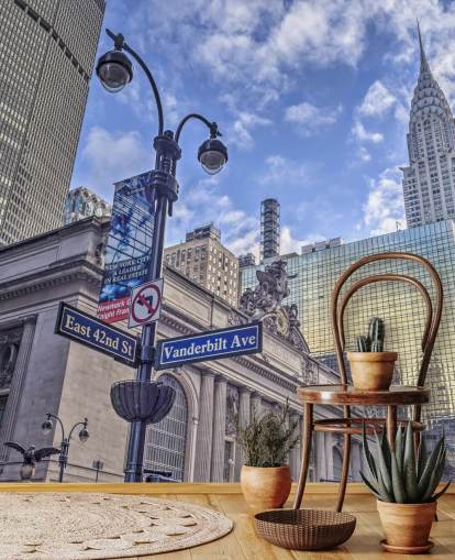 Paisagem urbana de Nova York com o mural da parede do edifício Chrysler