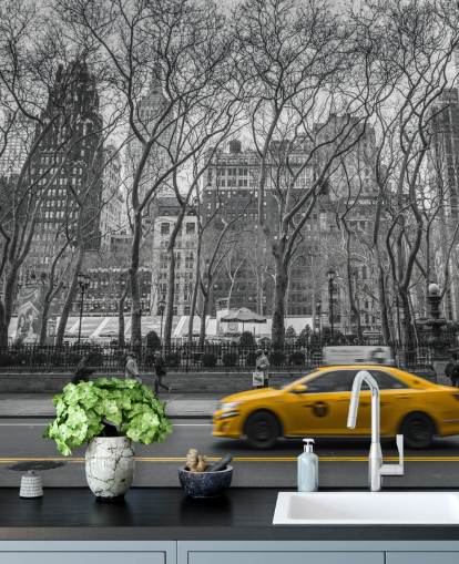 Decorazione murale con schizzi colorati di taxi di New York Decorazione murale con schizzi colorati di taxi di New York