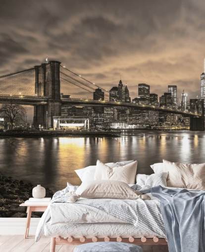 dark new york city wallpaper mural called Brooklyn Bridge and Manhattan Dramatic Skyline by Assaf Frank
