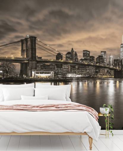 carta da parati murale scura di New York City chiamata Brooklyn Bridge e Manhattan Dramatic Skyline di Assaf Frank