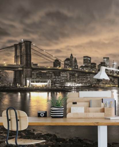 dark new york city wallpaper mural called Brooklyn Bridge and Manhattan Dramatic Skyline by Assaf Frank