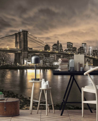 mørkt new york city tapetmaleri kaldet Brooklyn Bridge og Manhattan Dramatic Skyline af Assaf Frank mørkt new york city tapetmaleri kaldet Brooklyn Bridge og Manhattan Dramatic Skyline af Assaf Frank