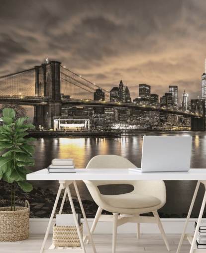 mural de papel de parede escuro da cidade de Nova York chamado Brooklyn Bridge e Manhattan Dramatic Skyline de Assaf Frank mural de papel de parede escuro da cidade de Nova York chamado Brooklyn Bridge e Manhattan Dramatic Skyline de Assaf Frank