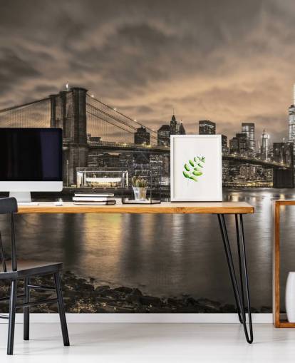 dark new york city wallpaper mural called Brooklyn Bridge and Manhattan Dramatic Skyline by Assaf Frank