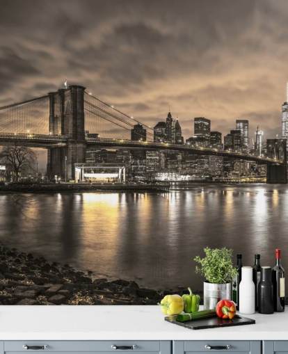 dark new york city wallpaper mural called Brooklyn Bridge and Manhattan Dramatic Skyline by Assaf Frank