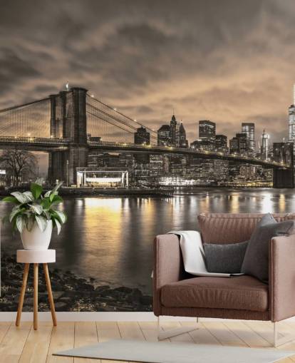 donkere muurschildering van New York City genaamd Brooklyn Bridge en Manhattan Dramatic Skyline van Assaf Frank