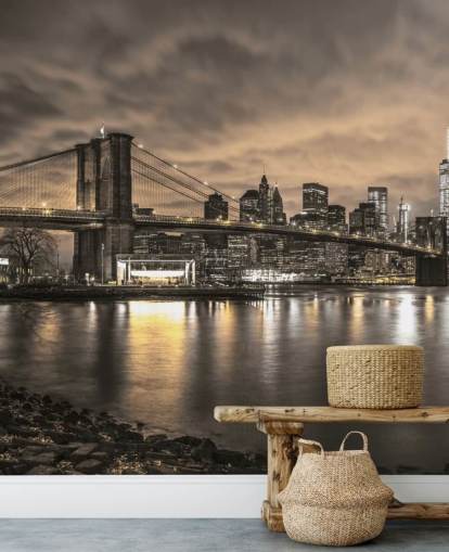 papier peint mural sombre de New York intitulé Brooklyn Bridge and Manhattan Dramatic Skyline par Assaf Frank