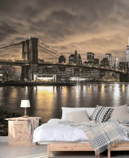 carta da parati murale scura di New York City chiamata Brooklyn Bridge e Manhattan Dramatic Skyline di Assaf Frank