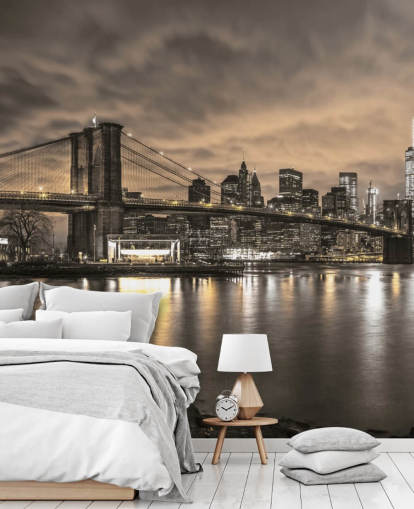 dark new york city wallpaper mural called Brooklyn Bridge and Manhattan Dramatic Skyline by Assaf Frank