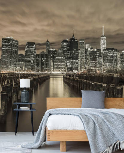 Manhattan Skyline med rader av Groynes Bakgrunn