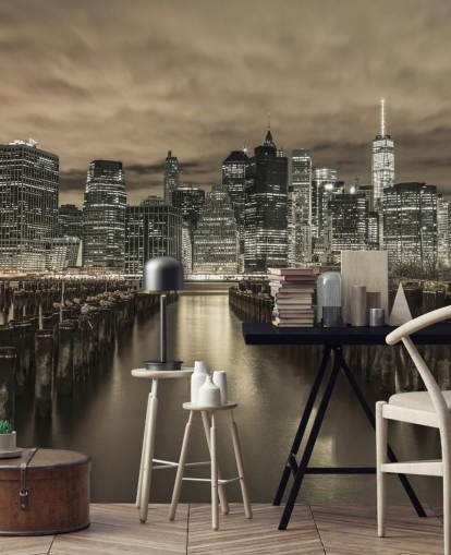 Manhattan Skyline met rijen Groynes behang