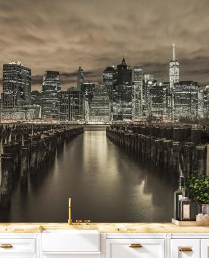Manhattan Skyline with Rows of Groynes Wallpaper