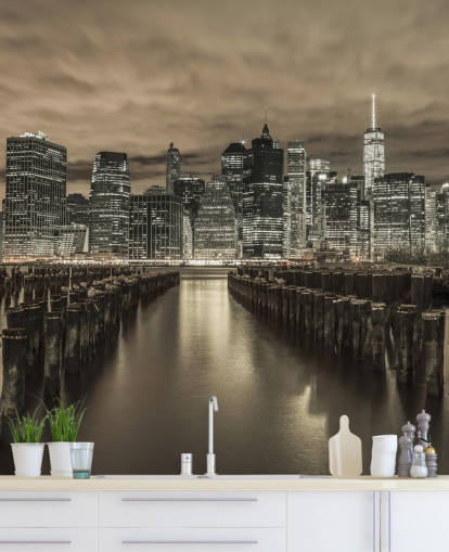 Manhattan Skyline med rader av Groynes Bakgrund Manhattan Skyline med rader av Groynes Bakgrund
