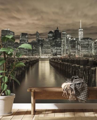 Manhattan Skyline med rader av Groynes Bakgrunn Manhattan Skyline med rader av Groynes Bakgrunn