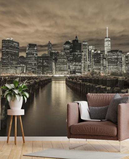 Manhattan Skyline with Rows of Groynes Wallpaper