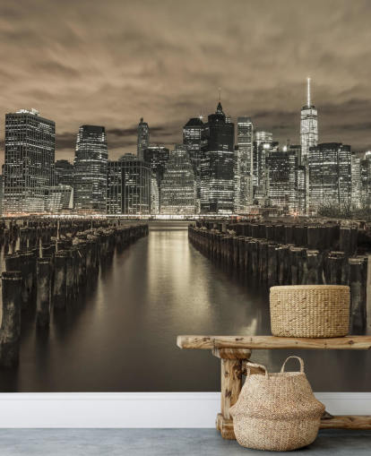 Manhattan Skyline with Rows of Groynes Wallpaper