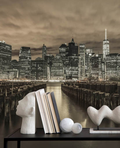 Manhattan Skyline with Rows of Groynes Wallpaper Manhattan Skyline with Rows of Groynes Wallpaper