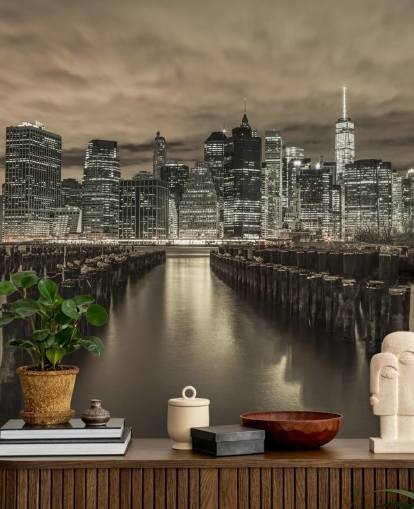 Manhattan Skyline mit Reihen von Groynes Wallpaper