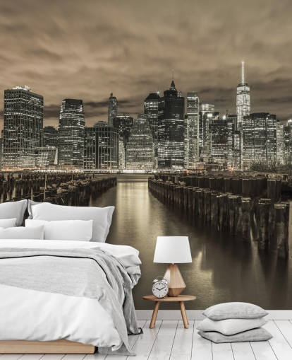Manhattan Skyline met rijen Groynes behang