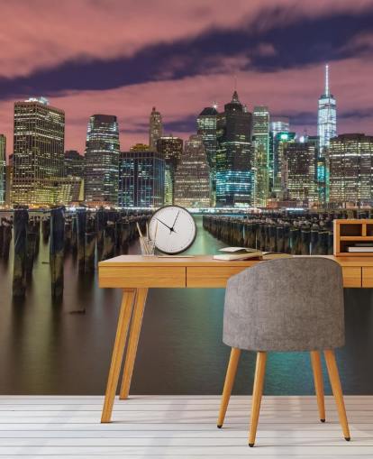 Oplyst Manhattan Skyline vægmaleri