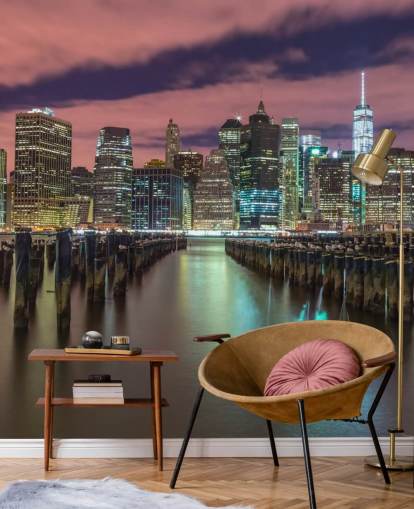 Verlichte Manhattan Skyline muurschildering