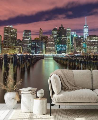 Oplyst Manhattan Skyline vægmaleri