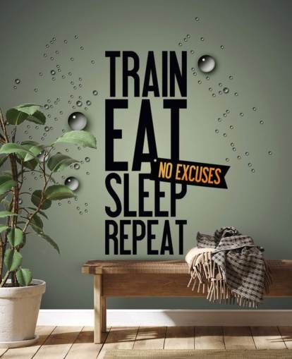 mural de papel pintado de fitness motivador personalizable llamado Motivating Gym para gimnasios, clubes deportivos y gimnasios en casa