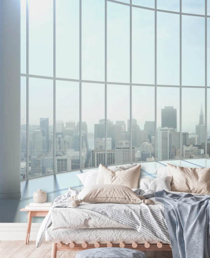 Round window view of city wallpaper