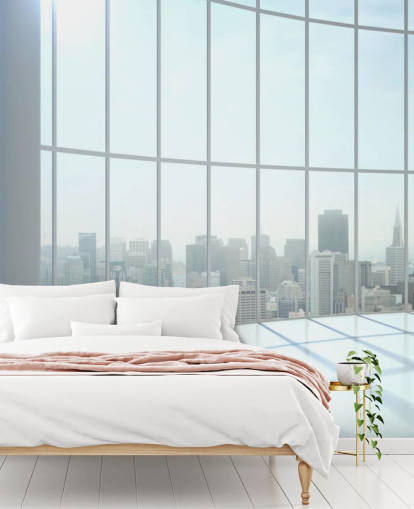 Vista della finestra rotonda della carta da parati della città