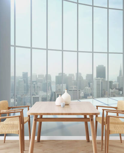 Round window view of city wallpaper