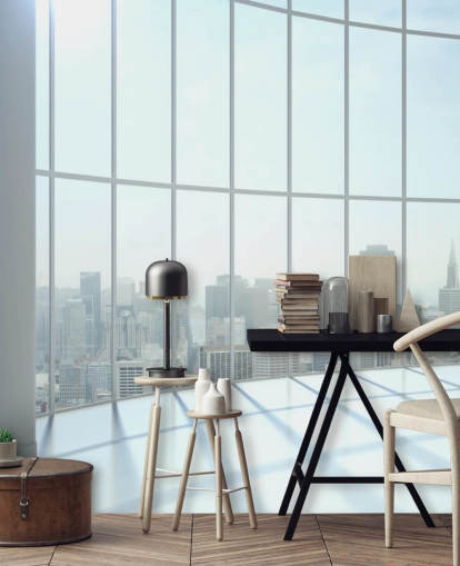 Round window view of city wallpaper