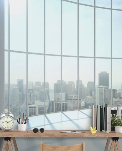 Vista da janela redonda do papel de parede da cidade