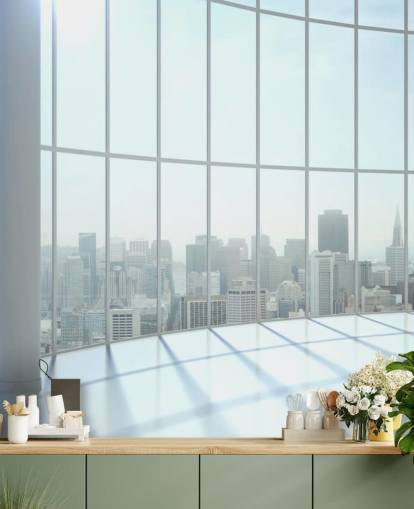 Rund fönstervy av stadens tapet