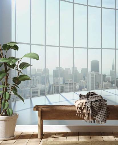 Fenêtre ronde avec vue sur le papier peint de la ville