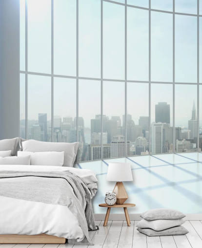 Round window view of city wallpaper