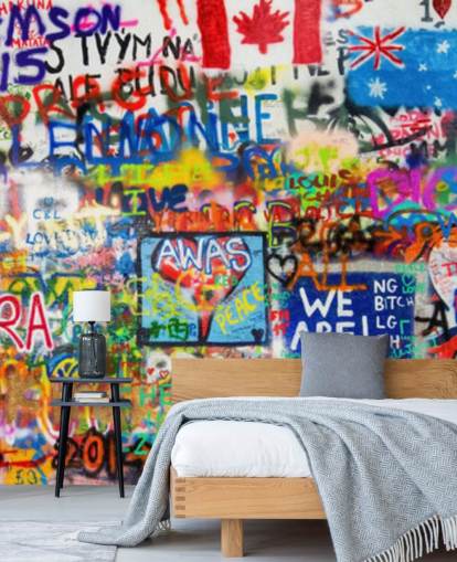 värikäs graffiti-taustakuvamaalaus nimeltä Graffiti Panorama teini-ikäisten makuuhuoneisiin