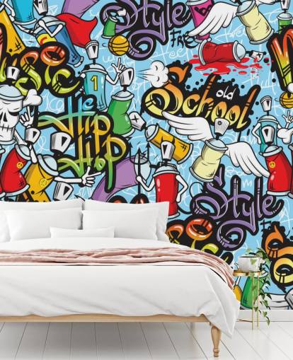 colorido mural de papel pintado de grafiti llamado Graffiti Characters Seamless Pattern para el dormitorio de un adolescente