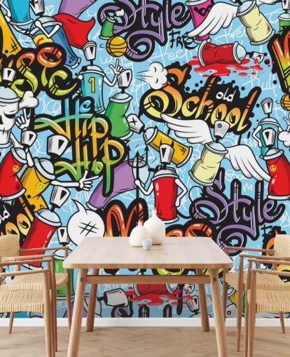 värikäs graffiti-taustakuvamaalaus nimeltä Graffiti Characters Seamless Pattern teinin makuuhuoneeseen